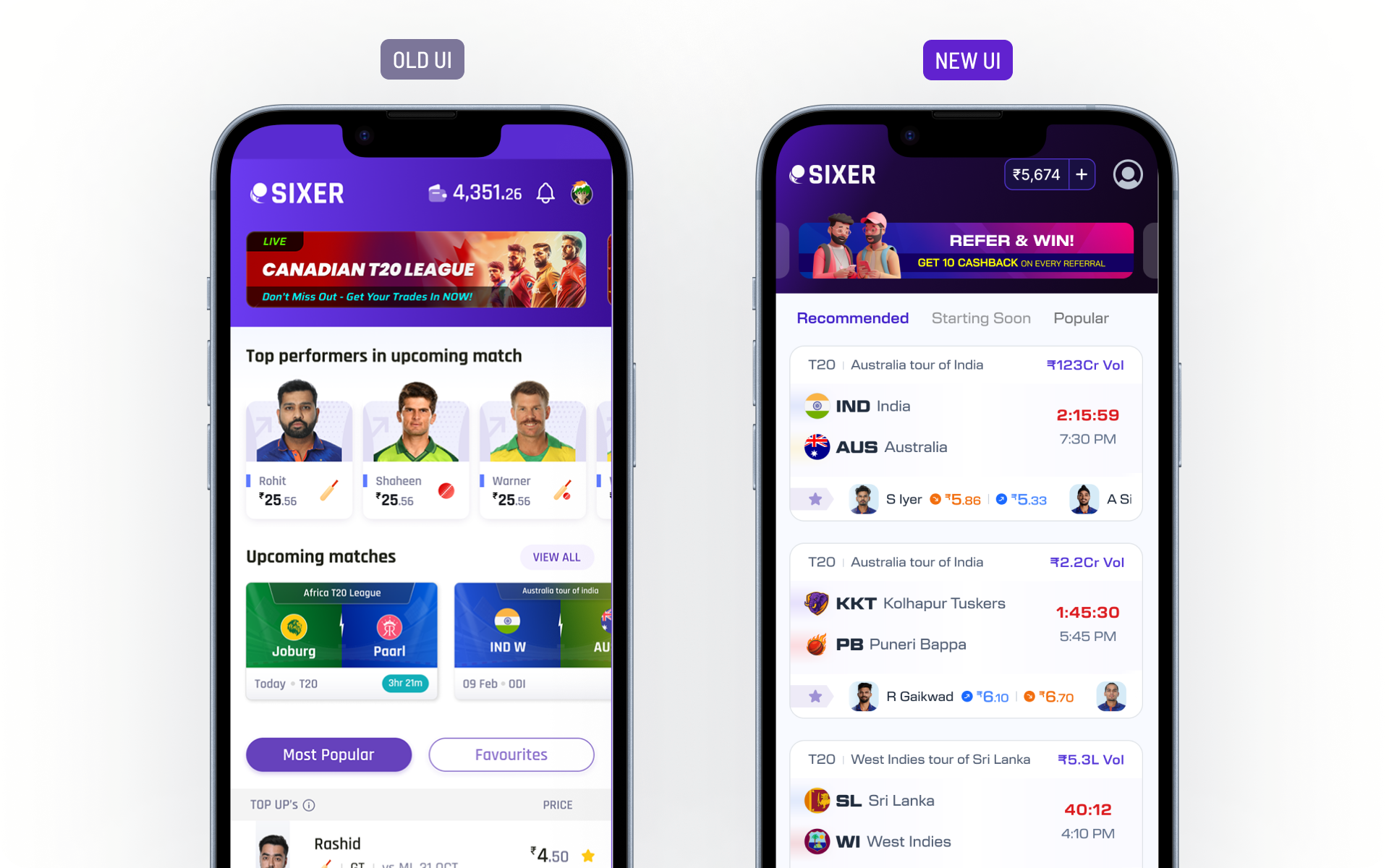 Old and new UI comparison for the Sixer discovery experience