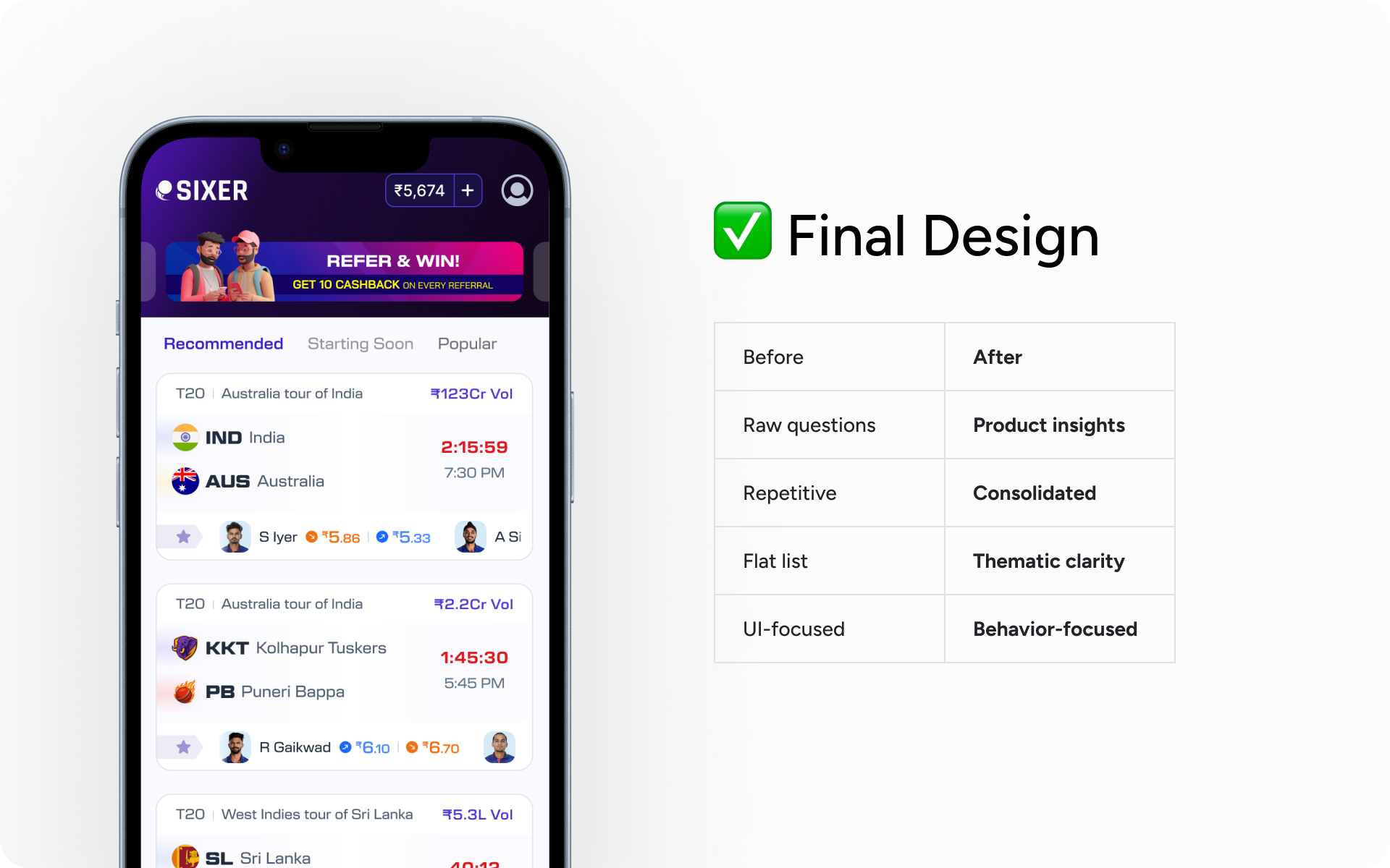 Final design comparison with before and after insights table